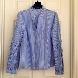 The Limited Women’s Shirt PXL Blue Stripes Button Down Long Frilled Sleeves